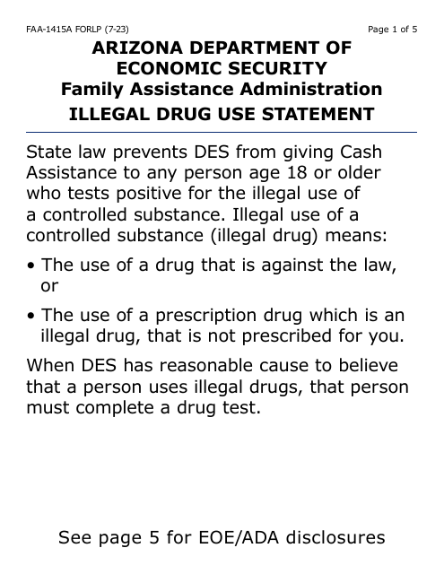 Form FAA-1415A-LP Illegal Drug Use Statement (Large Print) - Arizona