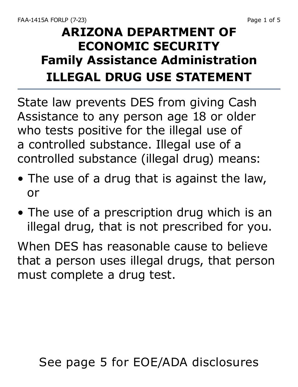 Form FAA-1415A-LP Illegal Drug Use Statement (Large Print) - Arizona, Page 1
