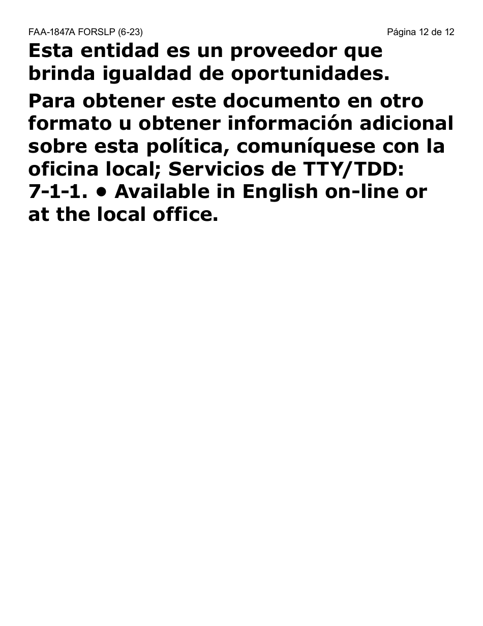 Formulario FAA-1847A-SLP Solicitud De Reemplazo Por Robo De Beneficios Electronicos (Letra Grande) - Arizona (Spanish), Page 12