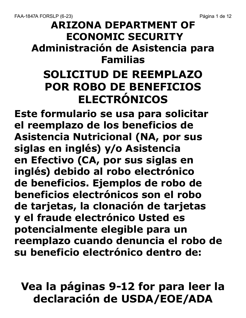 Formulario FAA-1847A-SLP Solicitud De Reemplazo Por Robo De Beneficios Electronicos (Letra Grande) - Arizona (Spanish), Page 1