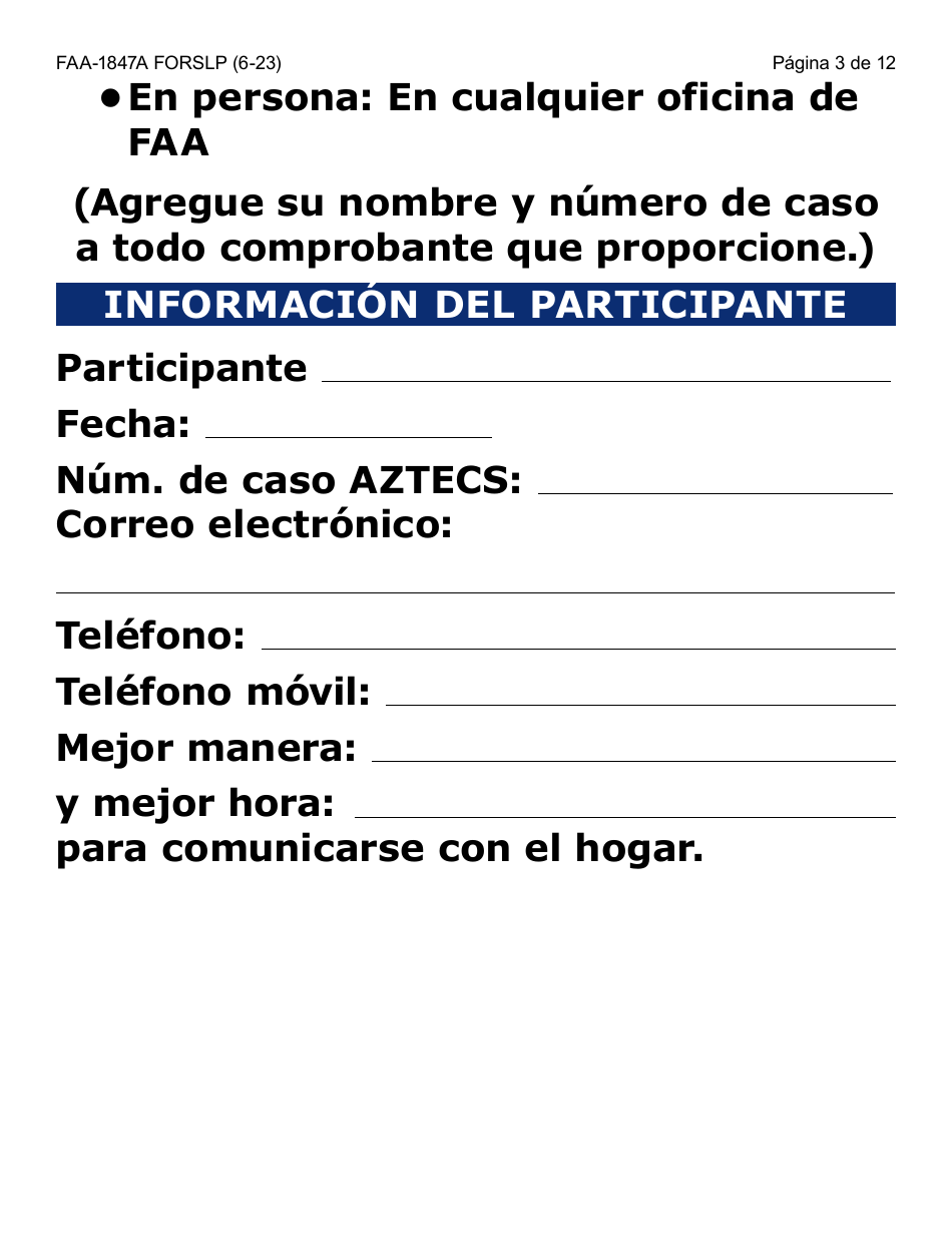 Formulario FAA-1847A-SLP Solicitud De Reemplazo Por Robo De Beneficios Electronicos (Letra Grande) - Arizona (Spanish), Page 3