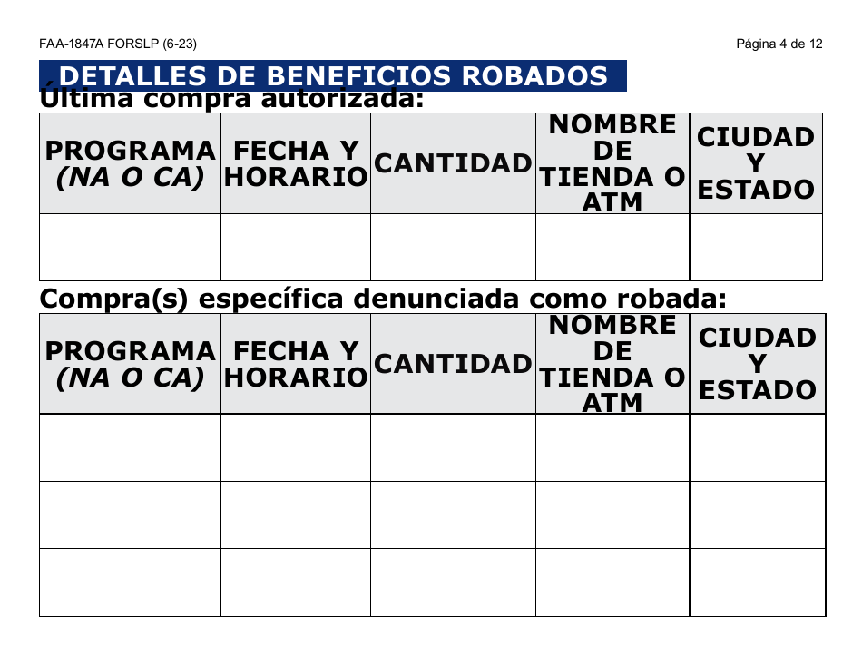 Formulario FAA-1847A-SLP Solicitud De Reemplazo Por Robo De Beneficios Electronicos (Letra Grande) - Arizona (Spanish), Page 4