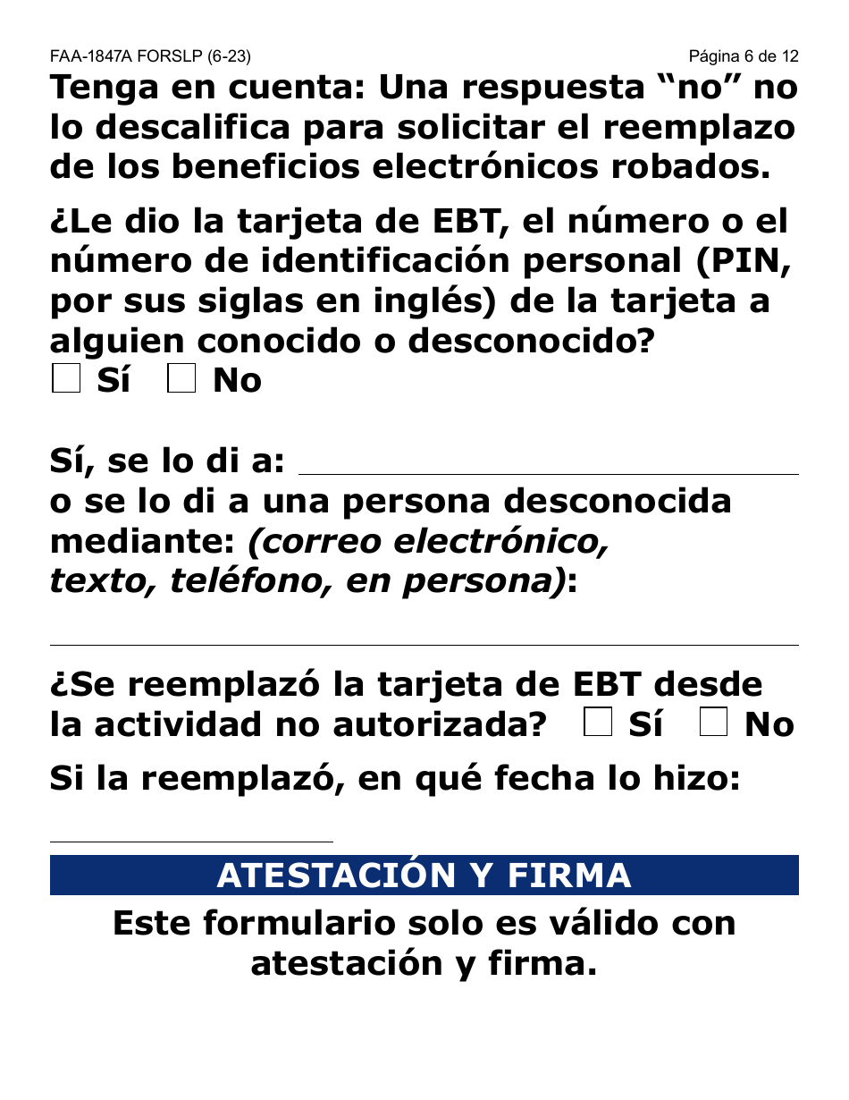 Formulario FAA-1847A-SLP Solicitud De Reemplazo Por Robo De Beneficios Electronicos (Letra Grande) - Arizona (Spanish), Page 6