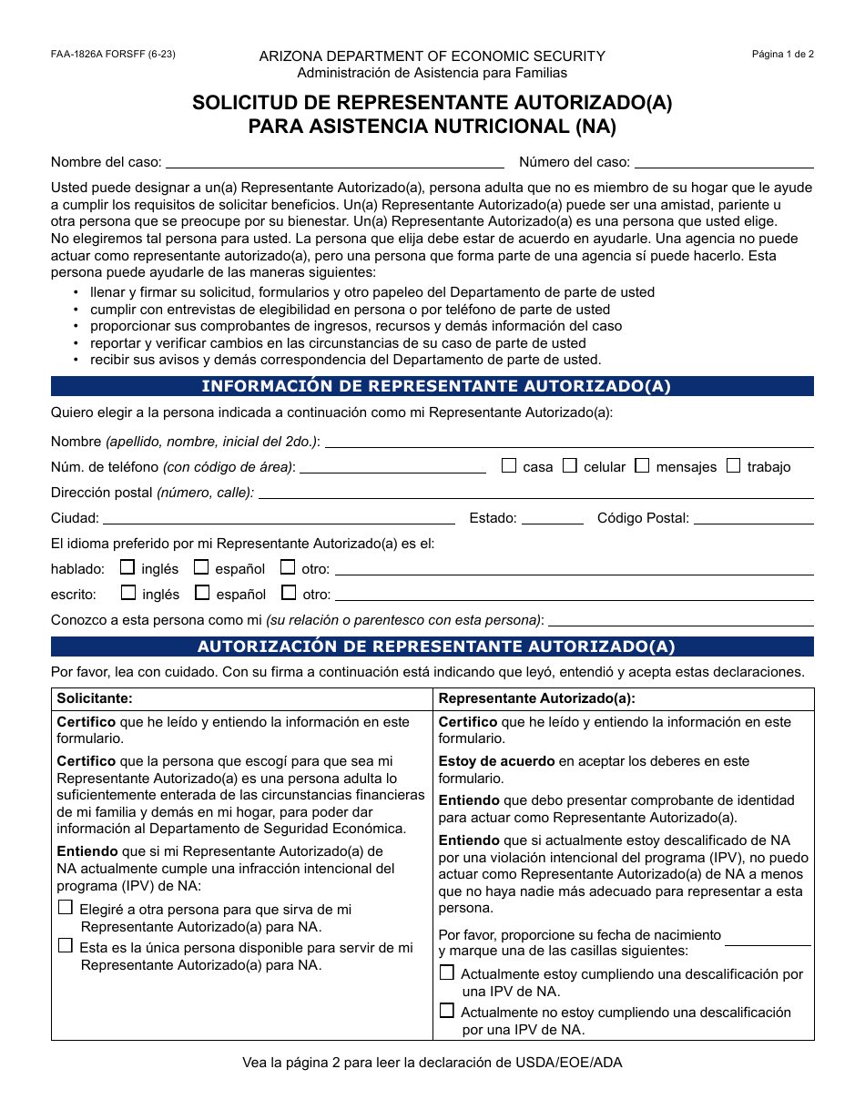 Formulario FAA-1826A-S Solicitud De Representante Autorizado(A) Para Asistencia Nutricional (Na) - Arizona (Spanish), Page 1
