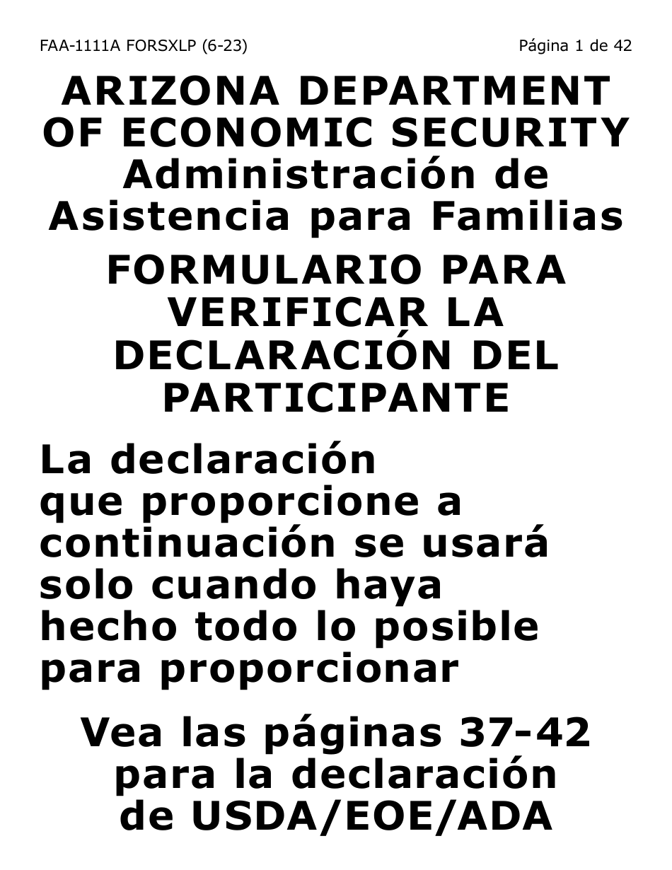 Formulario FAA-1111A-SXLP Formulario Para Verificar La Declaracion Del Participante (Letra Extra Grande) - Arizona (Spanish), Page 1