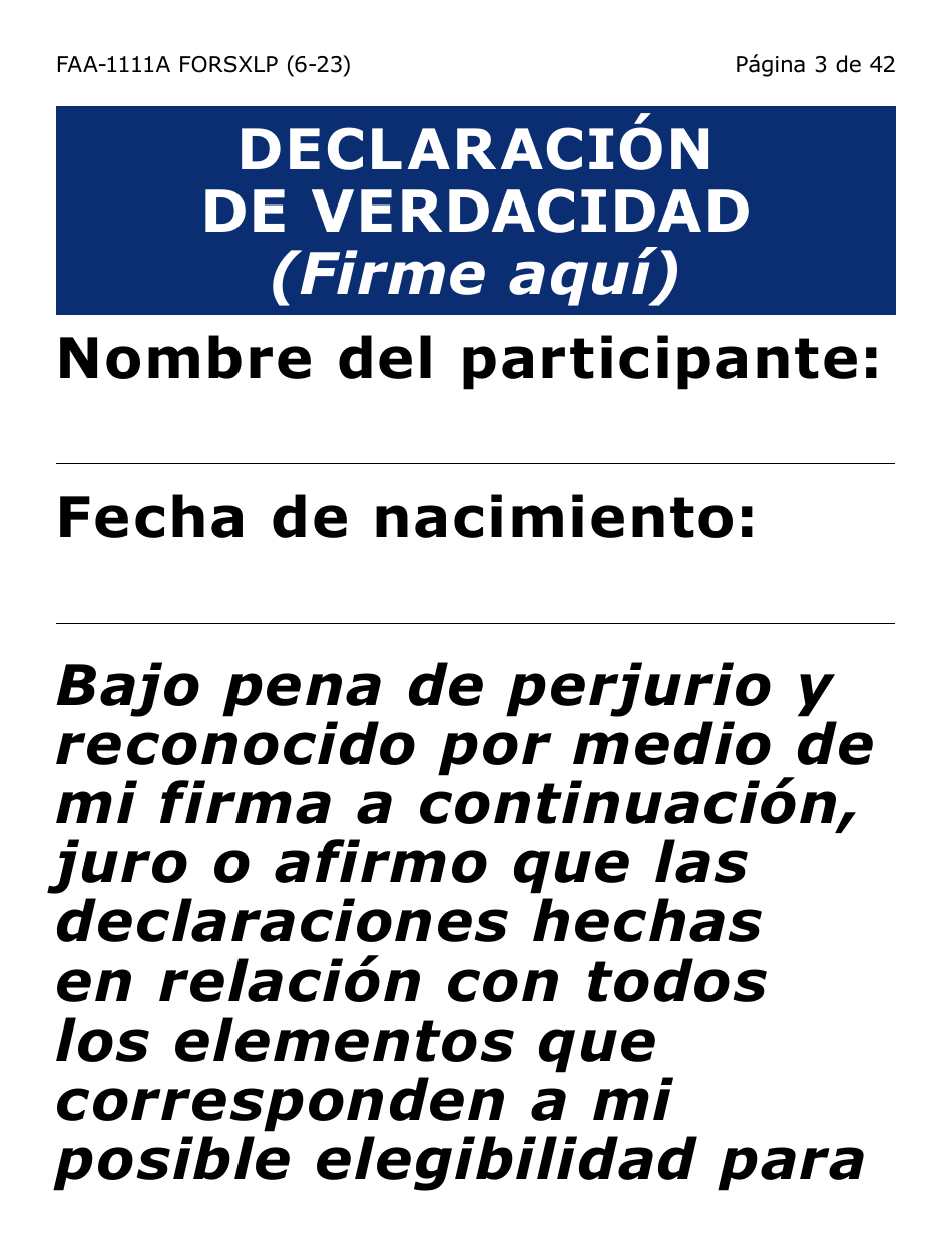 Formulario FAA-1111A-SXLP Formulario Para Verificar La Declaracion Del Participante (Letra Extra Grande) - Arizona (Spanish), Page 3