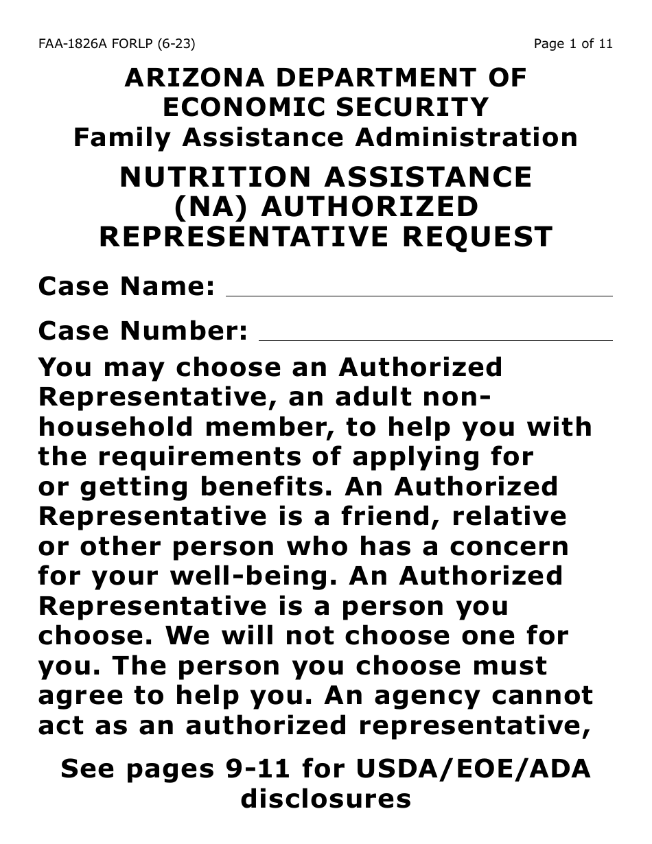 Form FAA-1826A-LP Nutrition Assistance (Na) Authorized Representative Request (Large Print) - Arizona, Page 1