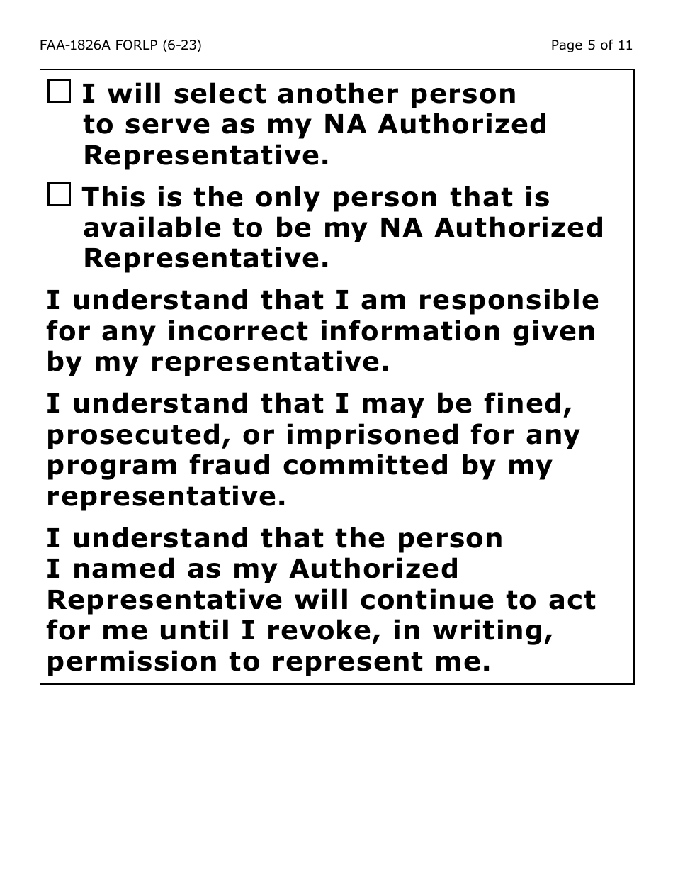 Form FAA-1826A-LP Nutrition Assistance (Na) Authorized Representative Request (Large Print) - Arizona, Page 5
