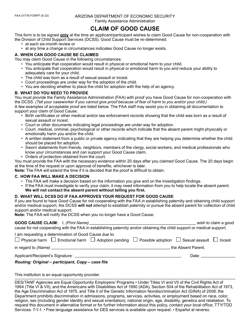 Form FAA-0177A Claim of Good Cause - Arizona (English / Spanish), Page 1