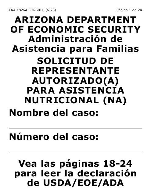 Formulario FAA-1826A-SXLP Solicitud De Representante Autorizado(A) Para Asistencia Nutricional (Na) (Letra Extra Grande) - Arizona (Spanish)