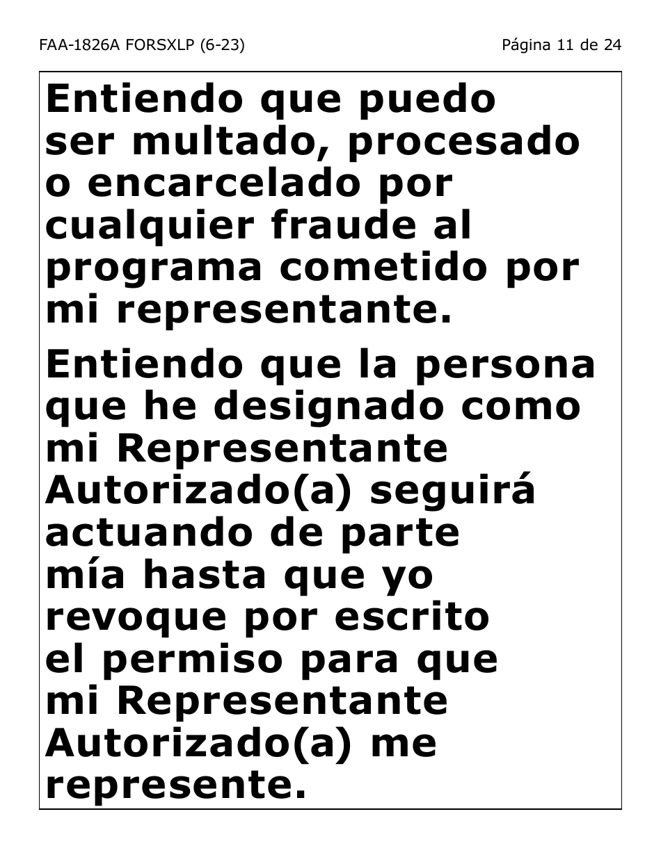 Formulario FAA-1826A-SXLP Solicitud De Representante Autorizado(A) Para Asistencia Nutricional (Na) (Letra Extra Grande) - Arizona (Spanish), Page 11
