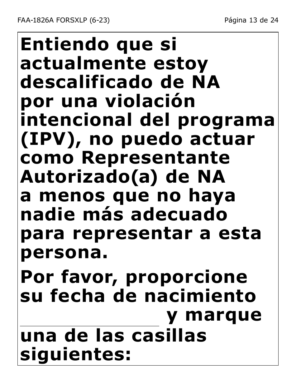 Formulario FAA-1826A-SXLP Solicitud De Representante Autorizado(A) Para Asistencia Nutricional (Na) (Letra Extra Grande) - Arizona (Spanish), Page 13