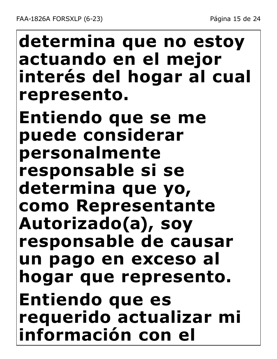 Formulario FAA-1826A-SXLP Solicitud De Representante Autorizado(A) Para Asistencia Nutricional (Na) (Letra Extra Grande) - Arizona (Spanish), Page 15