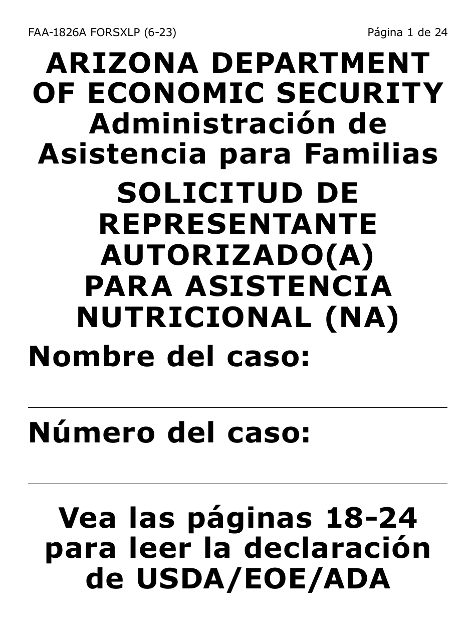 Formulario FAA-1826A-SXLP Solicitud De Representante Autorizado(A) Para Asistencia Nutricional (Na) (Letra Extra Grande) - Arizona (Spanish), Page 1