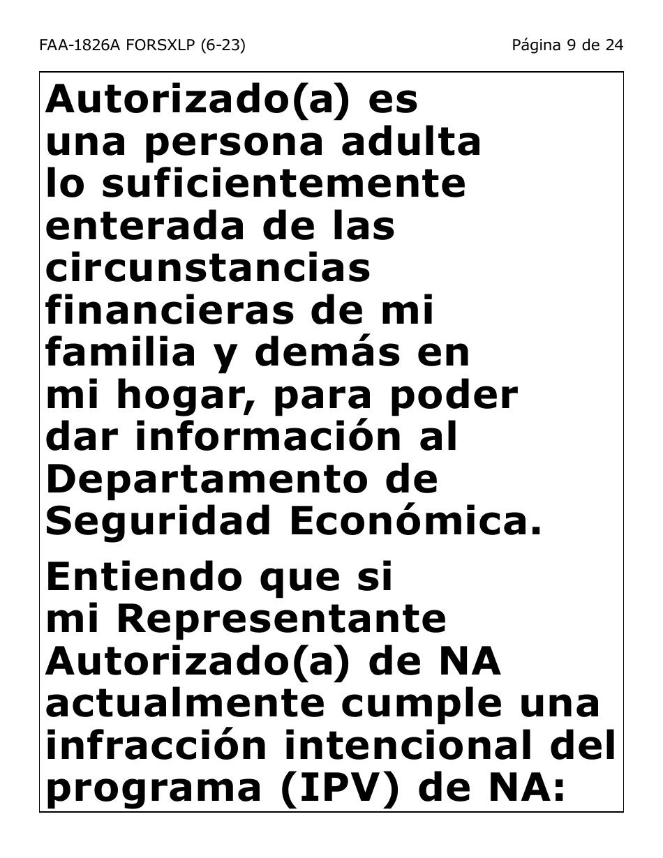Formulario FAA-1826A-SXLP Solicitud De Representante Autorizado(A) Para Asistencia Nutricional (Na) (Letra Extra Grande) - Arizona (Spanish), Page 9