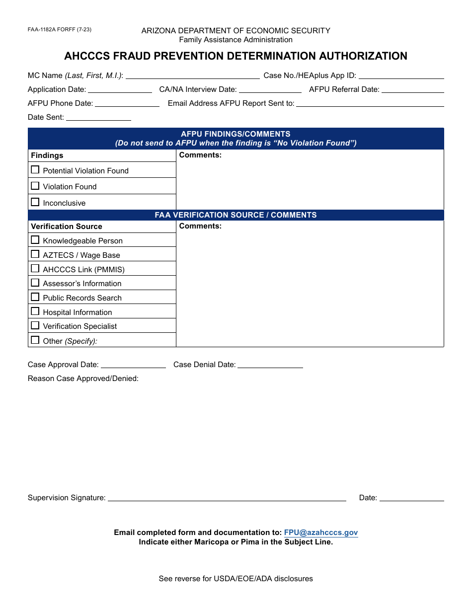 Form FAA-1182A Ahcccs Fraud Prevention Determination Authorization - Arizona, Page 1
