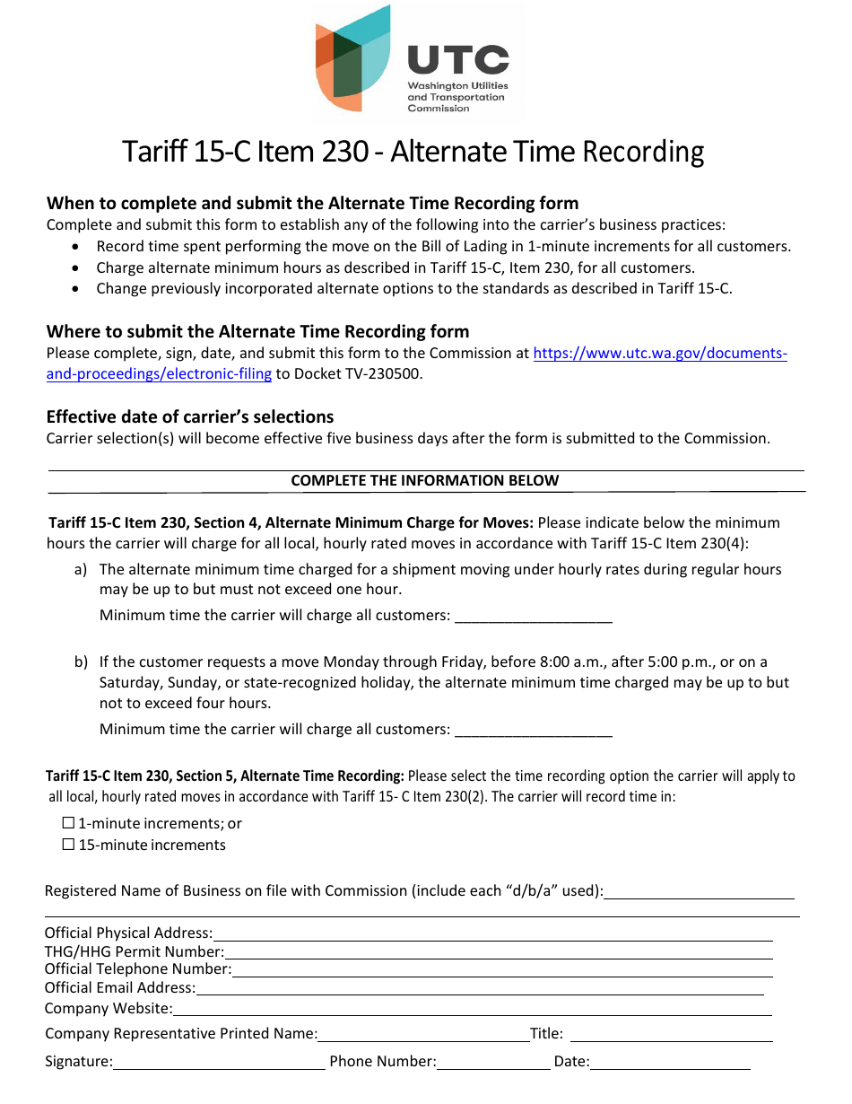 Tariff 15-c Item 230 - Alternate Time Recording - Washington, Page 1