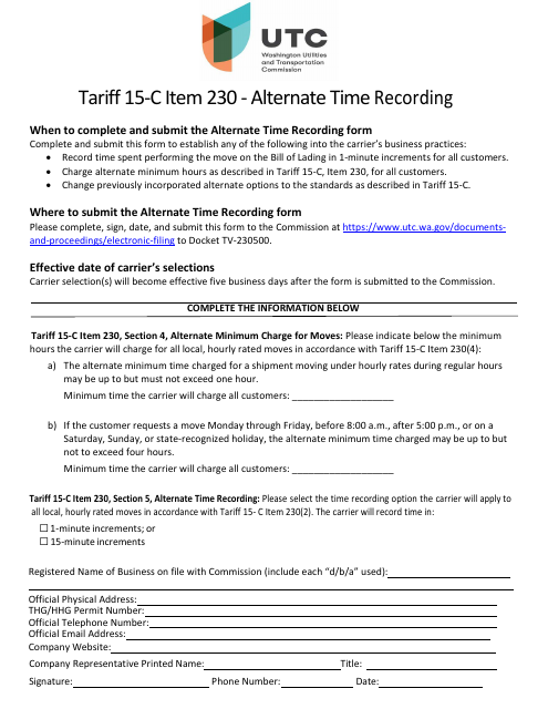 Tariff 15-c Item 230 - Alternate Time Recording - Washington