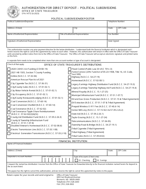 Form SFN14772 Authorization for Direct Deposit - Political Subdivisions - North Dakota