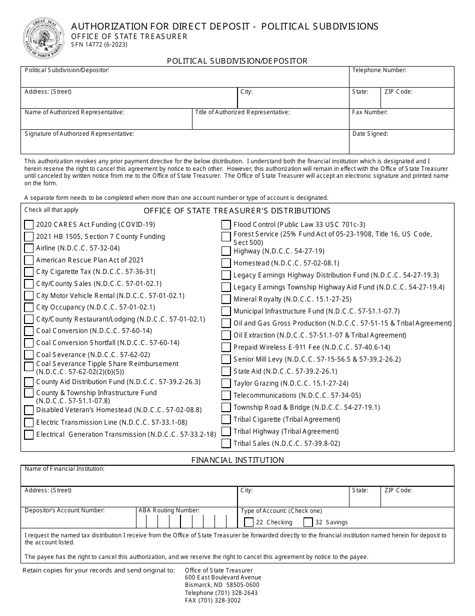 Form SFN14772 Authorization for Direct Deposit - Political Subdivisions - North Dakota, Page 1