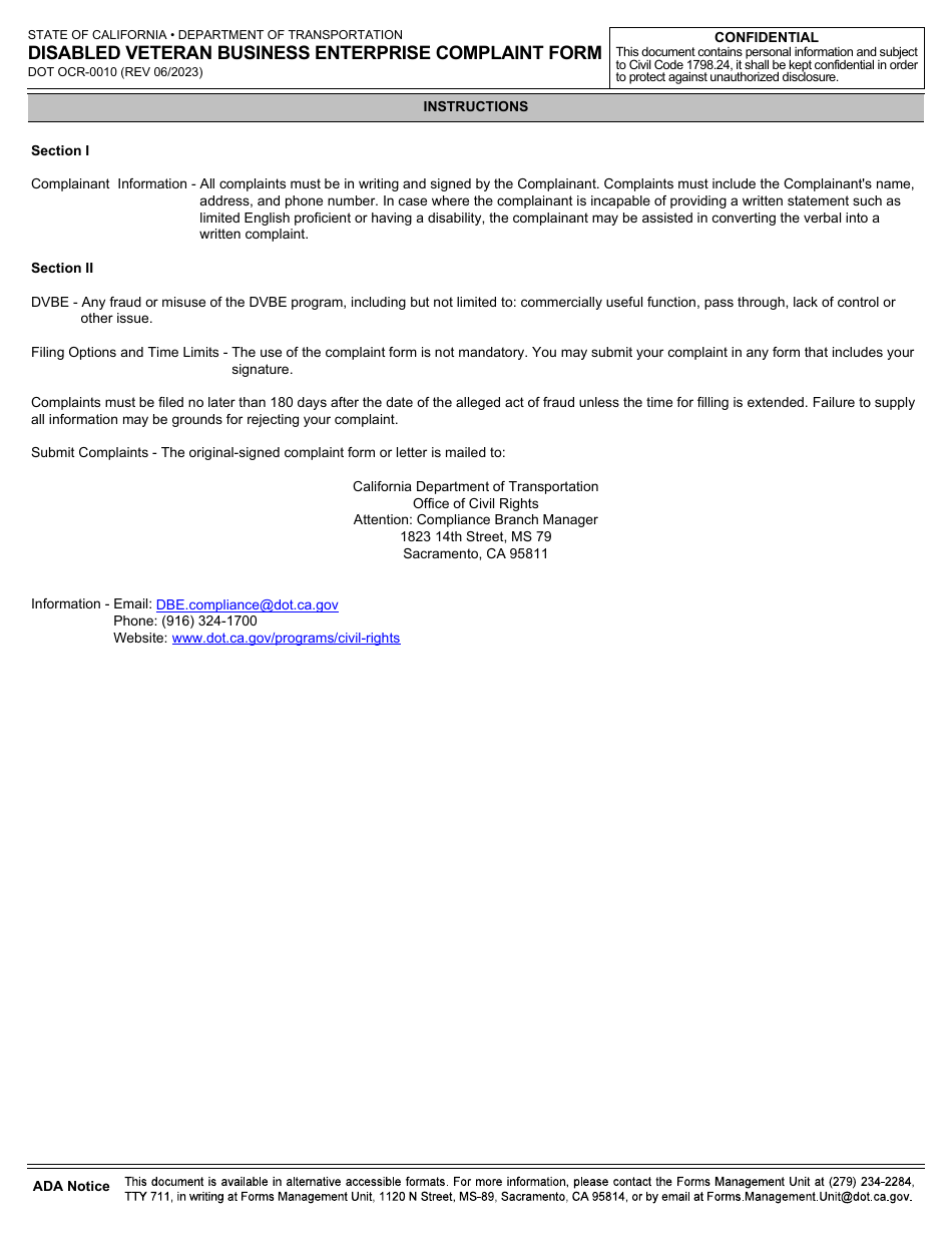 Form DOT OCR-0010 Disabled Veteran Business Enterprise Complaint Form - California, Page 3