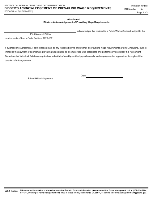 Form DOT ADM-1417 Bidder's Acknowledgement of Prevailing Wage Requirements - California