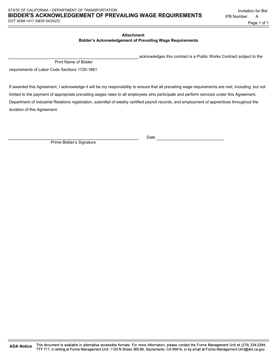 Form DOT ADM-1417 Bidders Acknowledgement of Prevailing Wage Requirements - California, Page 1