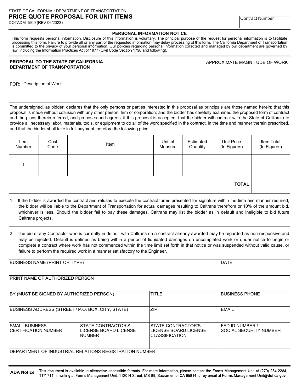 Form DOT ADM-1509 Price Quote Proposal for Unit Items - California, Page 1