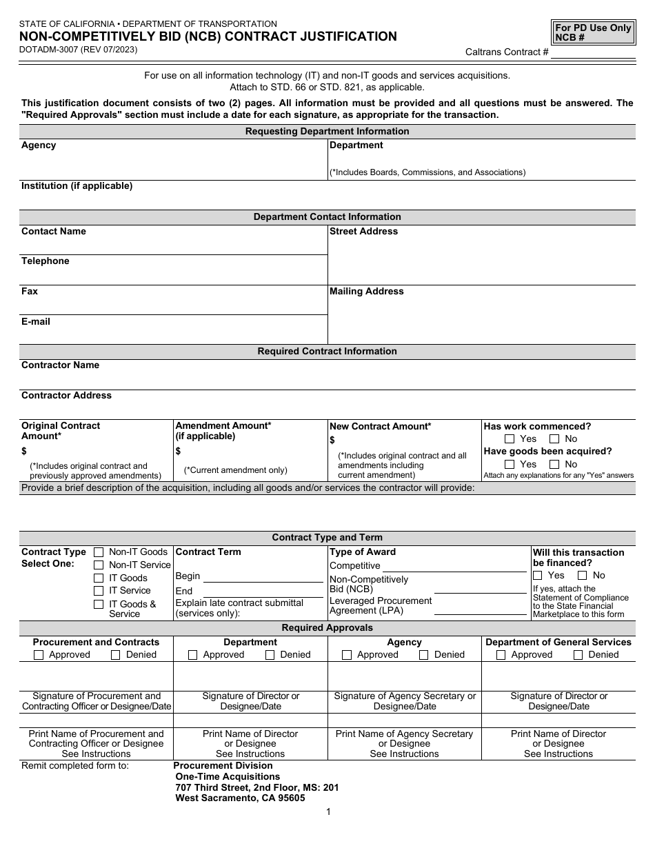 Form DOT ADM-3007 Non-competitively Bid (Ncb) Contract Justification - California, Page 1