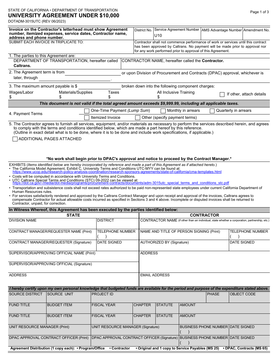 Form DOT ADM-3015UTC University Agreement Under $10,000 - California, Page 1