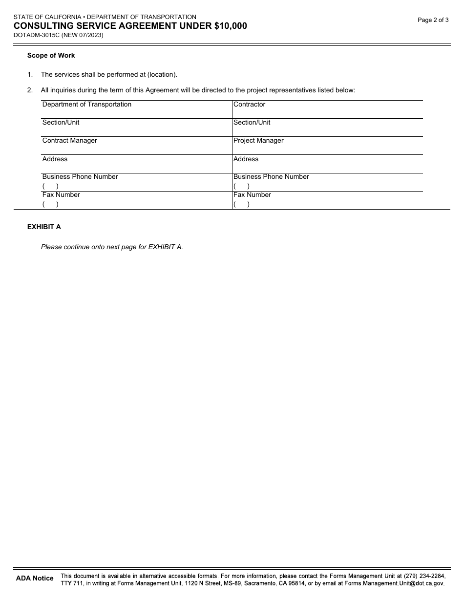 Form DOT ADM-3015C Consulting Service Agreement Under $10,000 - California, Page 2
