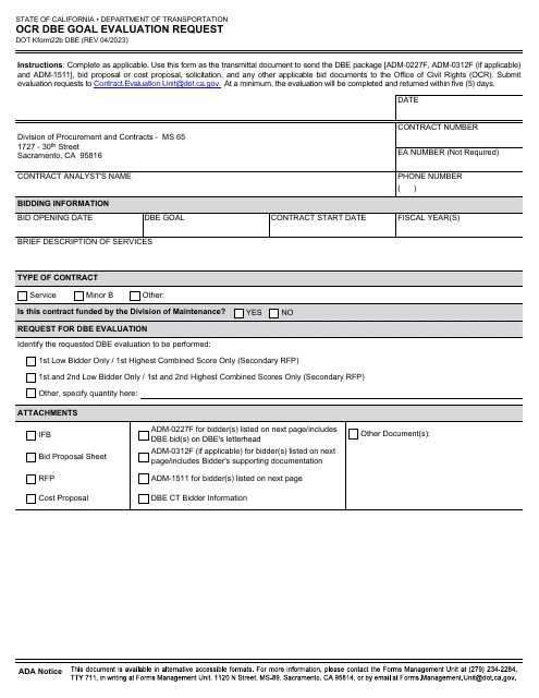 DOT Form 22B DBE Ocr Dbe Goal Evaluation Request - California