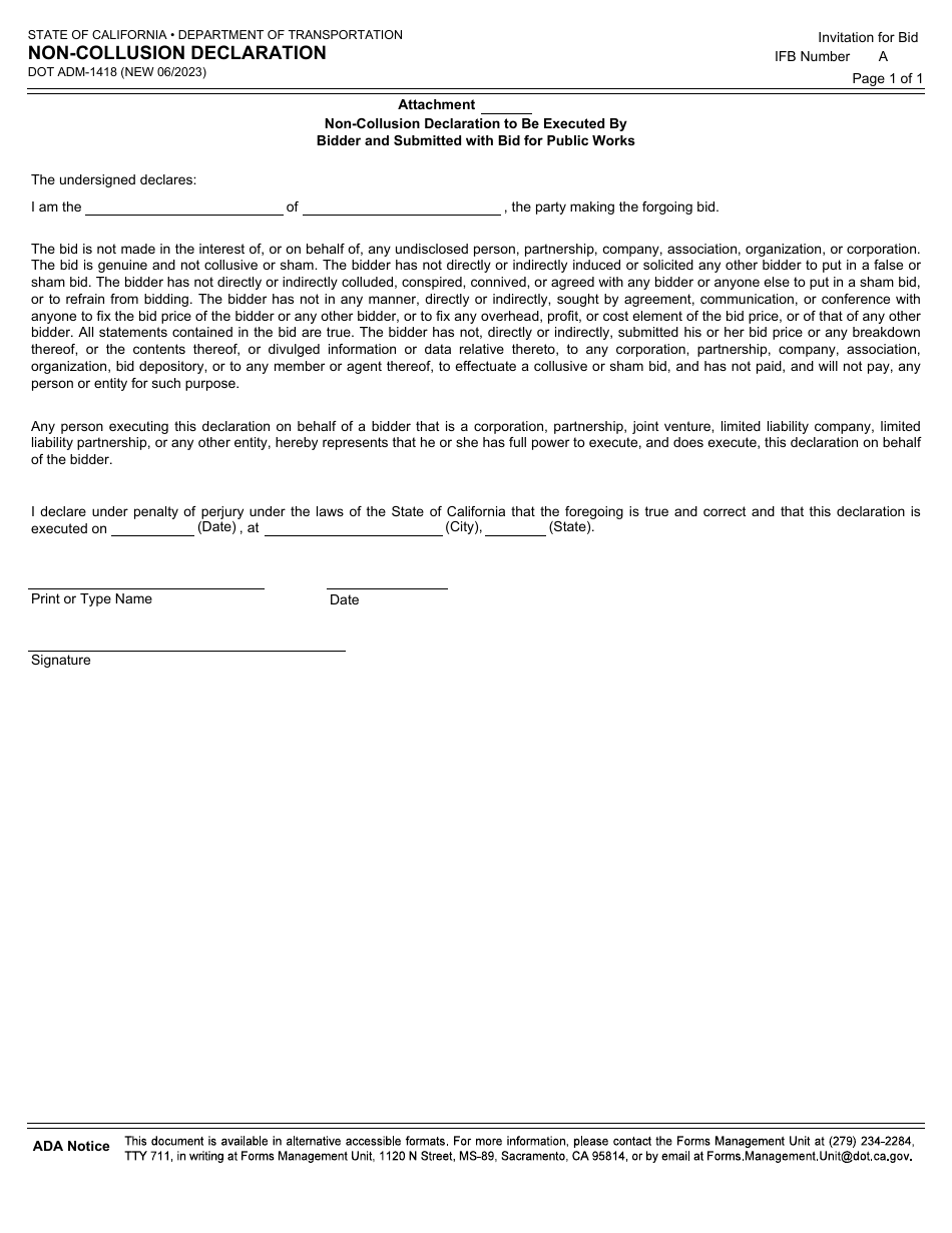 Form DOT ADM-1418 Non-collusion Declaration - California, Page 1