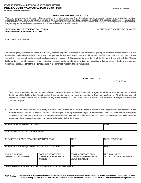 Form DOT ADM-1508 Price Quote Proposal for Lump Sum - California