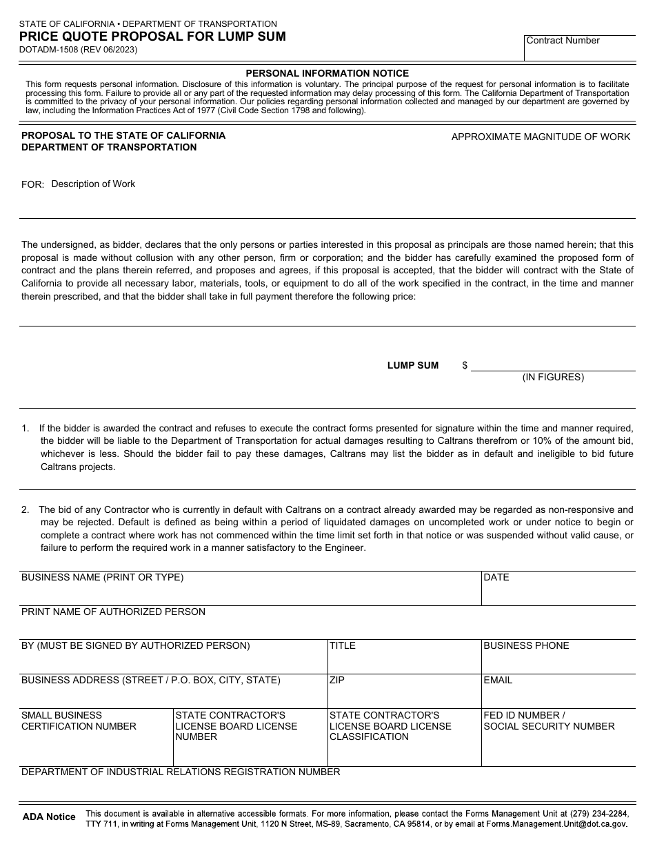 Form DOT ADM-1508 Price Quote Proposal for Lump Sum - California, Page 1