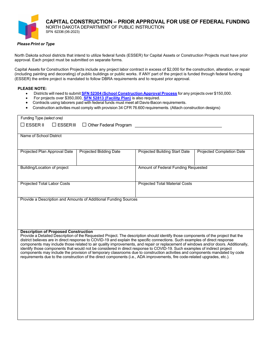 Form SFN62336 Capital Construction - Prior Approval for Use of Federal Funding - North Dakota, Page 1