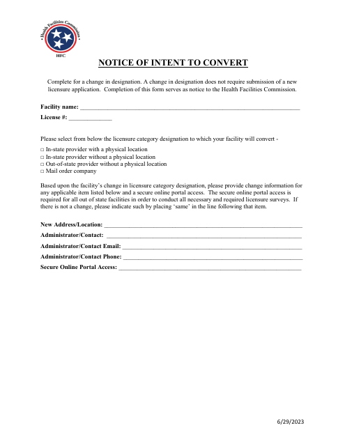 Notice of Intent to Convert - Tennessee