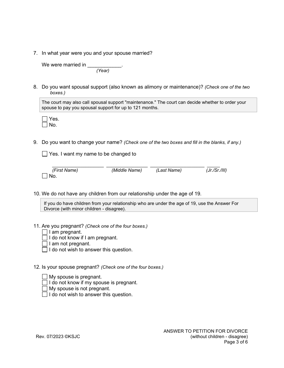 Answer to Petition for Divorce (Disagree) (Without Children) - Kansas, Page 3