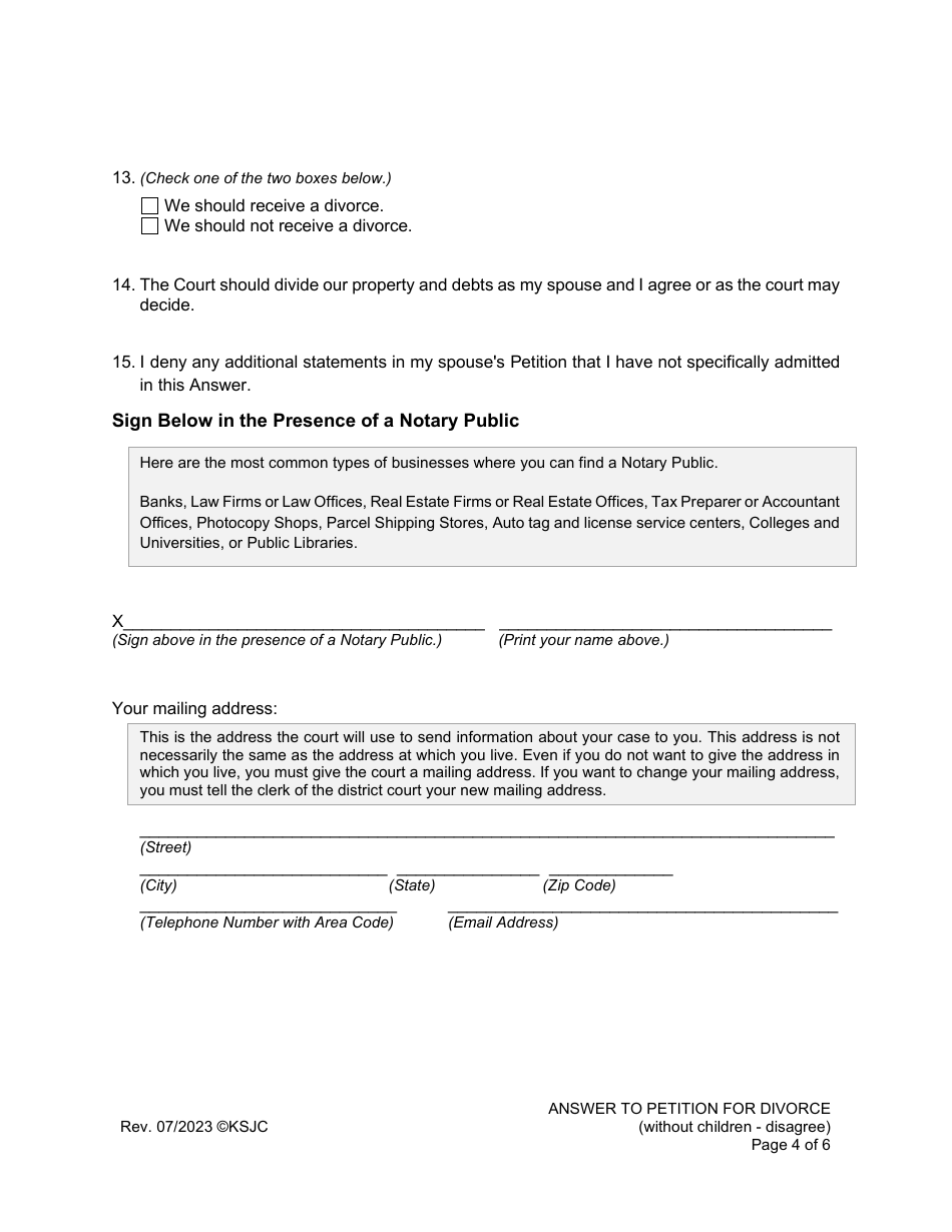Answer to Petition for Divorce (Disagree) (Without Children) - Kansas, Page 4