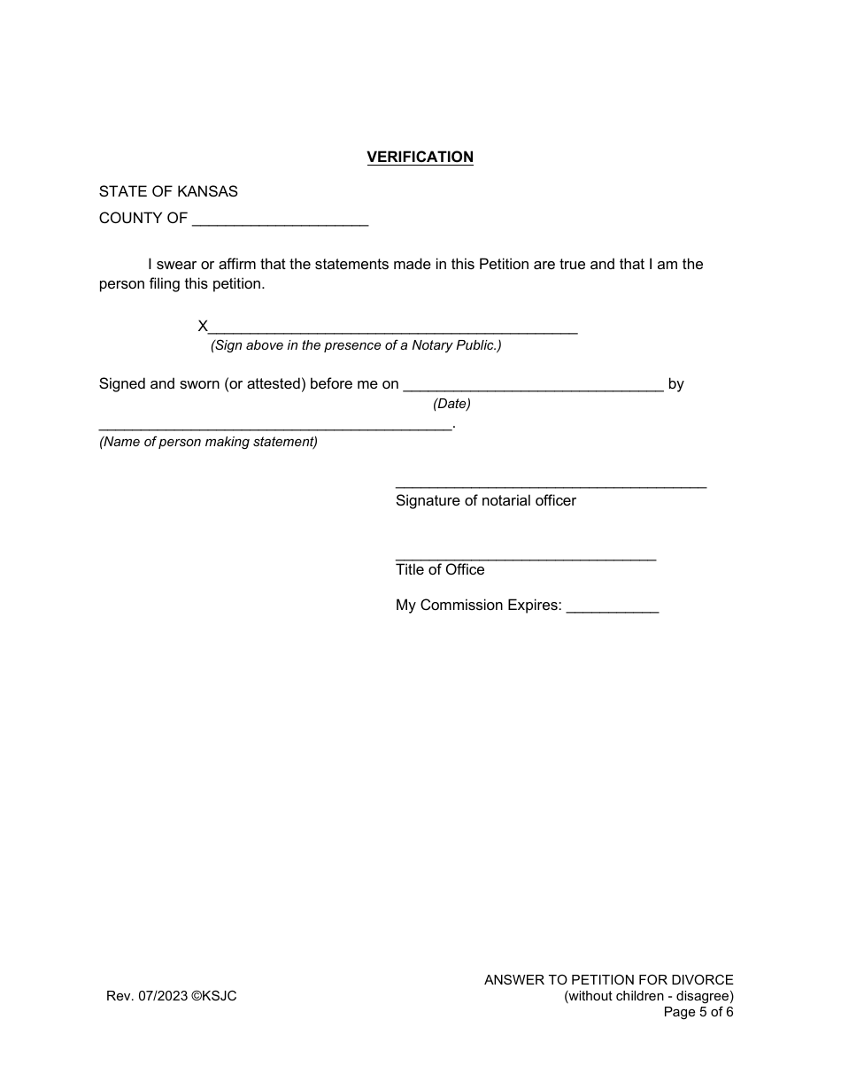Answer to Petition for Divorce (Disagree) (Without Children) - Kansas, Page 5