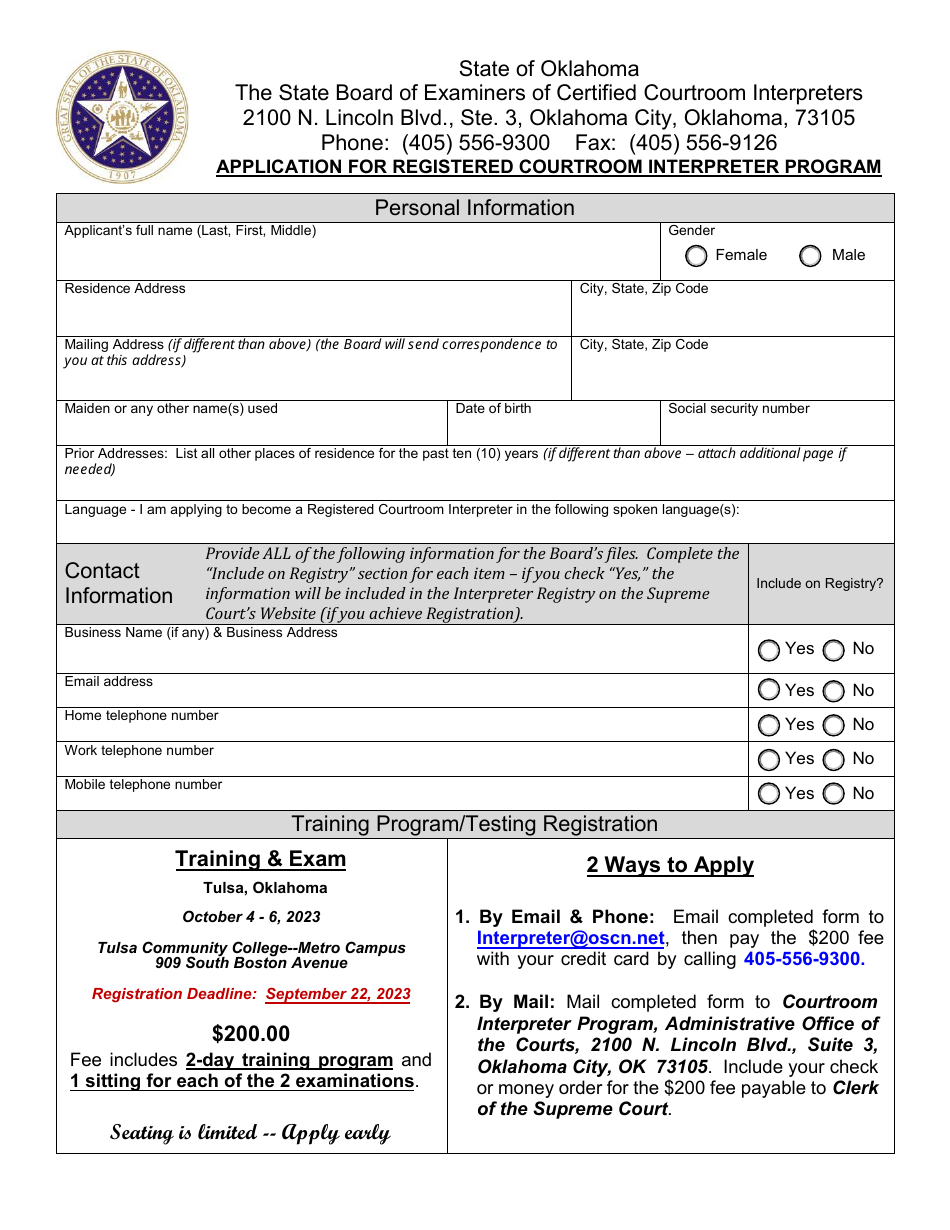 Application for Registered Courtroom Interpreter Program - Oklahoma, Page 1