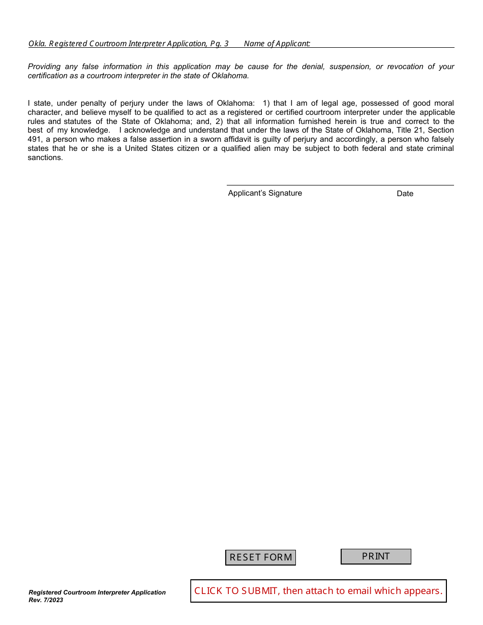 Application for Registered Courtroom Interpreter Program - Oklahoma, Page 3