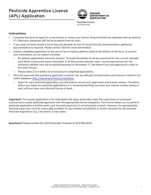 Pesticide Apprentice License (Apl) Application - Oregon Download Pdf
