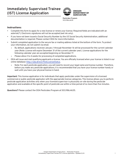Immediately Supervised Trainee (Ist) License Application - Oregon Download Pdf