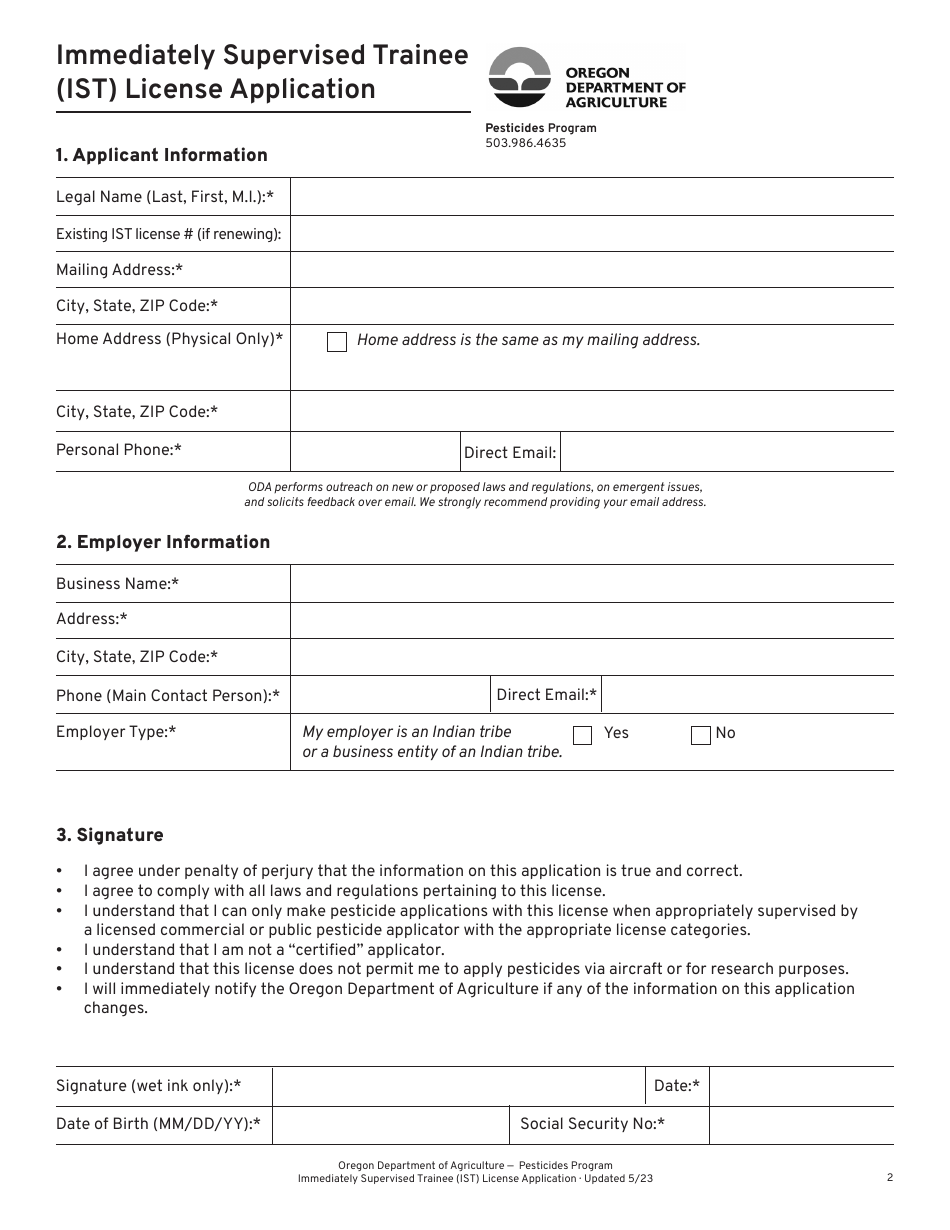 Immediately Supervised Trainee (Ist) License Application - Oregon, Page 2