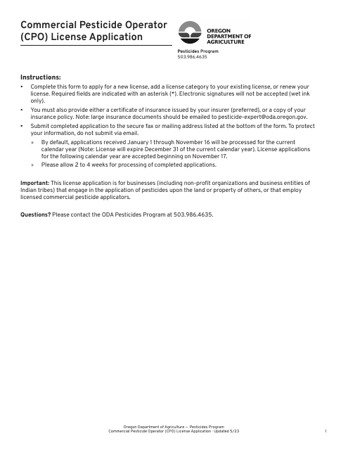 Commercial Pesticide Operator (Cpo) License Application - Oregon Download Pdf