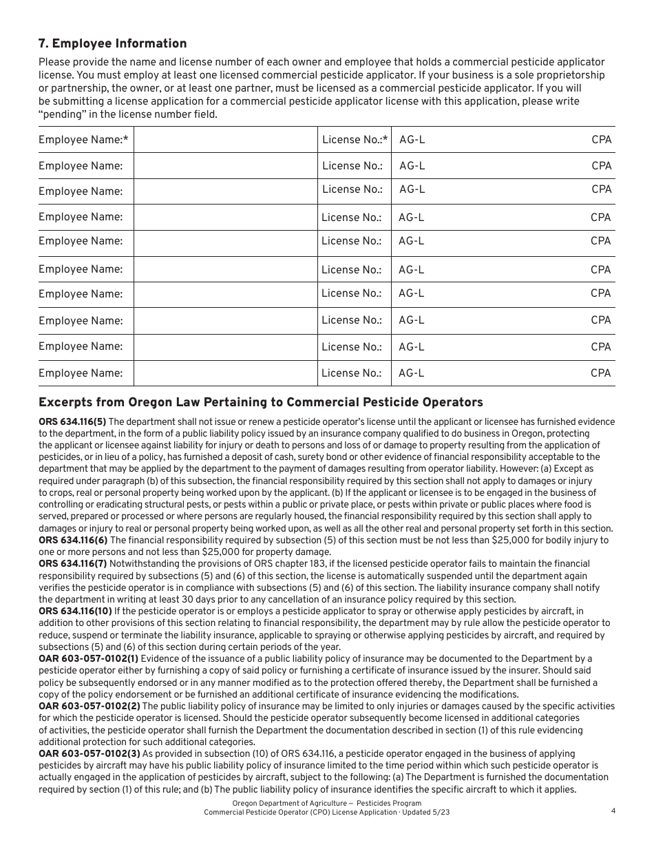 Commercial Pesticide Operator (Cpo) License Application - Oregon, Page 4