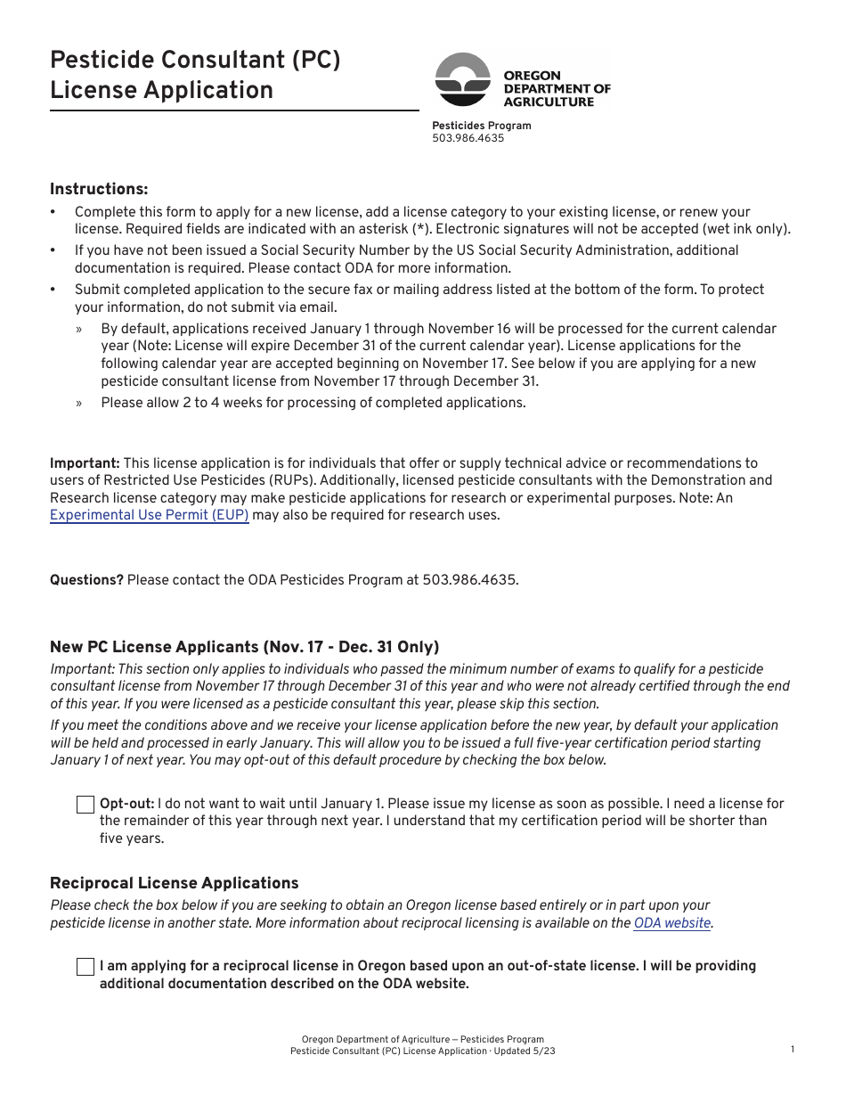 Pesticide Consultant (Pc) License Application - Oregon, Page 1