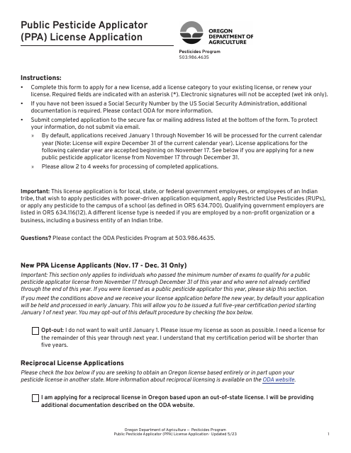 Public Pesticide Applicator (Ppa) License Application - Oregon Download Pdf