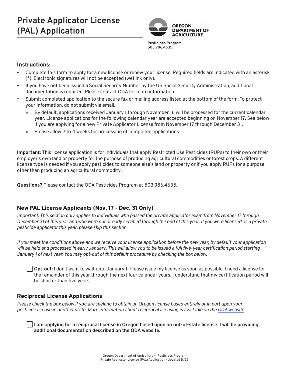 Private Applicator License (Pal) Application - Oregon, Page 1